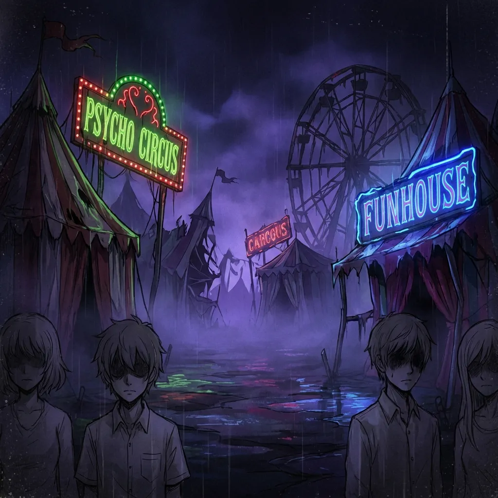 The chilling fairgrounds at night in The Freak Circus - the-freakcircus.com
